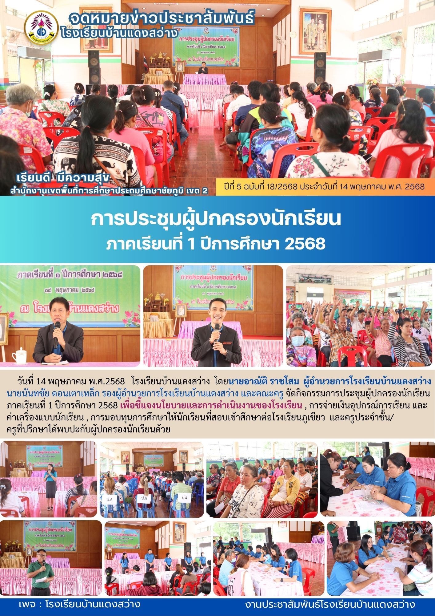 โรงเรียนบ้านแดงสว่าง จัดกิจกรรมประชุมผู้ปกครองนักเรียน ภาคเรียนที่1 ปีการศึกษา 2568